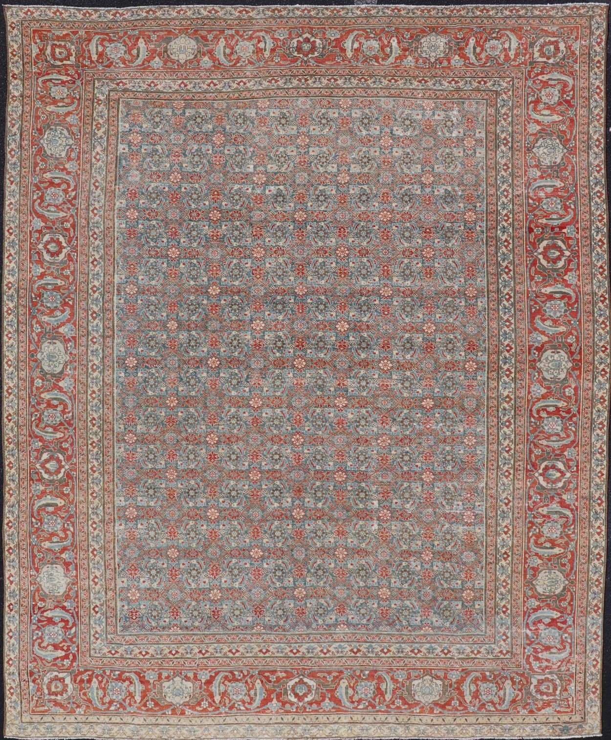 Antique Persian Fine Weave Senneh Rug with All - Over Herati Design on Blue Field. Keivan Woven Arts / rug V21 - 0305, country of origin / type: Iran / Senneh, circa 1920. Measures: 8'3 x 10'5 This incredible antique distressed Persian Senn... - Keivan Woven ArtsV21 - 0305 - 51 - 15248