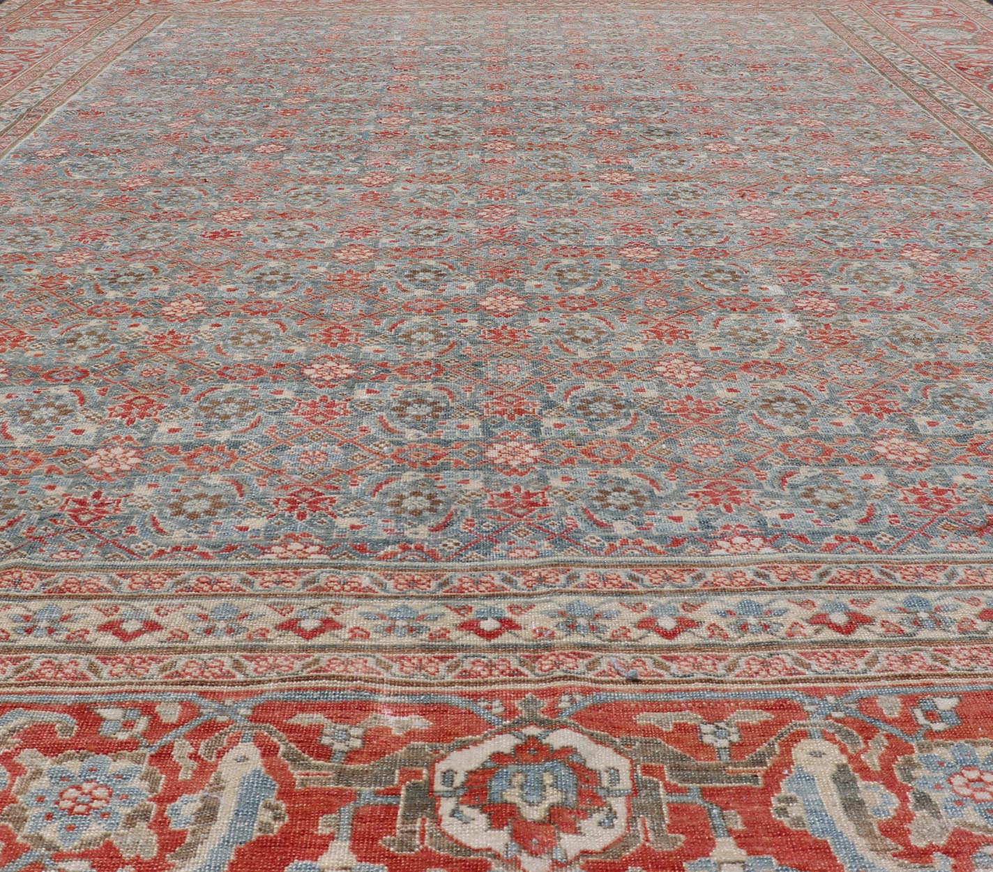 Antique Persian Fine Weave Senneh Rug with All - Over Herati Design on Blue Field. Keivan Woven Arts / rug V21 - 0305, country of origin / type: Iran / Senneh, circa 1920. Measures: 8'3 x 10'5 This incredible antique distressed Persian Senn... - Keivan Woven ArtsV21 - 0305 - 51 - 15248