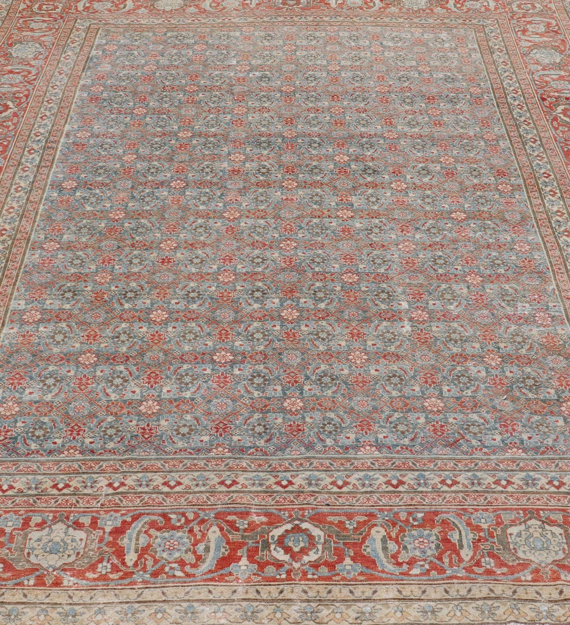 Antique Persian Fine Weave Senneh Rug with All - Over Herati Design on Blue Field. Keivan Woven Arts / rug V21 - 0305, country of origin / type: Iran / Senneh, circa 1920. Measures: 8'3 x 10'5 This incredible antique distressed Persian Senn... - Keivan Woven ArtsV21 - 0305 - 51 - 15248