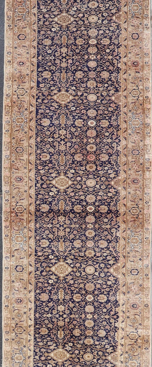 Long Antique Fine Persian Runner with Blue Background and Earthy Tones. Keivan Woven Arts / rug V21 - 0306 - 97, country of origin / type: Turkey / Sivas, circa 1920 Measures: 2'9 x 15'9 Stylized all - over motifs are featured in a pattern on this ... - Keivan Woven ArtsV21 - 0306 - 97 - 15254Rug