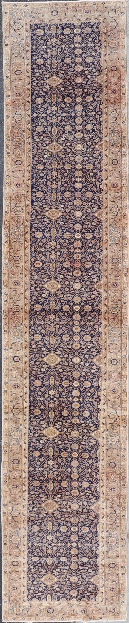 Long Antique Fine Persian Runner with Blue Background and Earthy Tones. Keivan Woven Arts / rug V21 - 0306 - 97, country of origin / type: Turkey / Sivas, circa 1920 Measures: 2'9 x 15'9 Stylized all - over motifs are featured in a pattern on this ... - Keivan Woven ArtsV21 - 0306 - 97 - 15254Rug