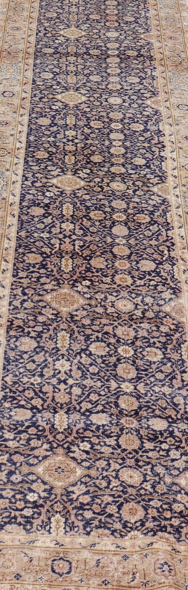 Long Antique Fine Persian Runner with Blue Background and Earthy Tones. Keivan Woven Arts / rug V21 - 0306 - 97, country of origin / type: Turkey / Sivas, circa 1920 Measures: 2'9 x 15'9 Stylized all - over motifs are featured in a pattern on this ... - Keivan Woven ArtsV21 - 0306 - 97 - 15254Rug