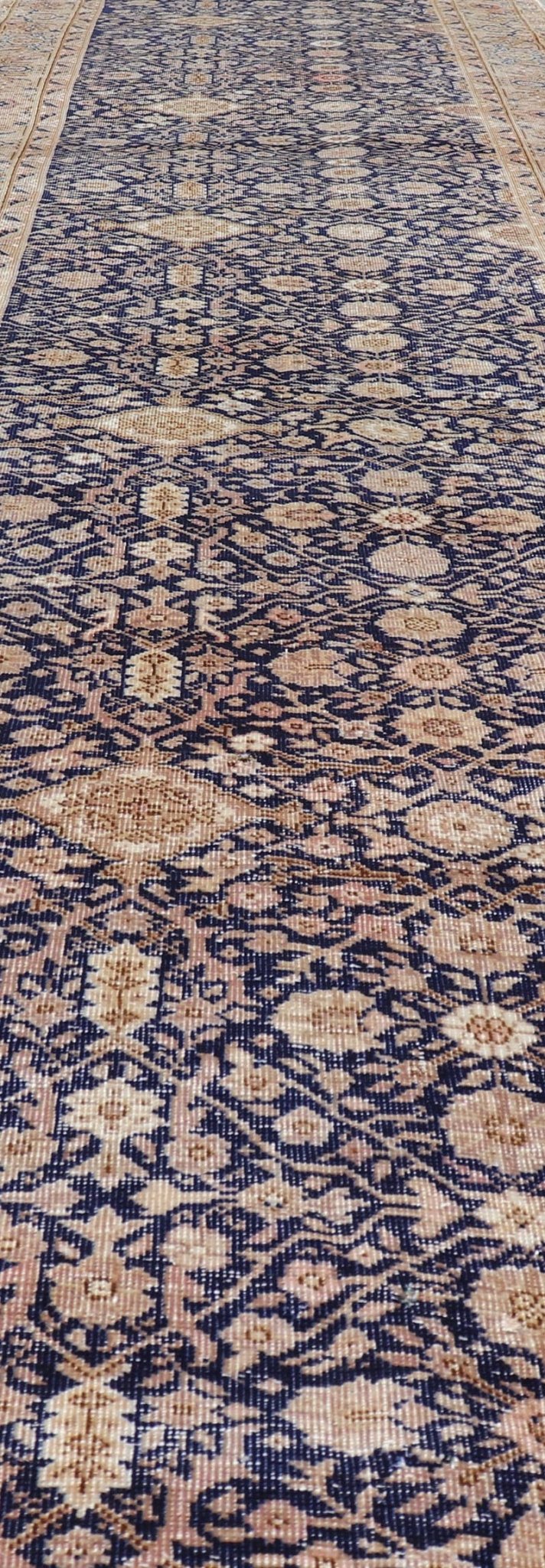 Long Antique Fine Persian Runner with Blue Background and Earthy Tones. Keivan Woven Arts / rug V21 - 0306 - 97, country of origin / type: Turkey / Sivas, circa 1920 Measures: 2'9 x 15'9 Stylized all - over motifs are featured in a pattern on this ... - Keivan Woven ArtsV21 - 0306 - 97 - 15254Rug