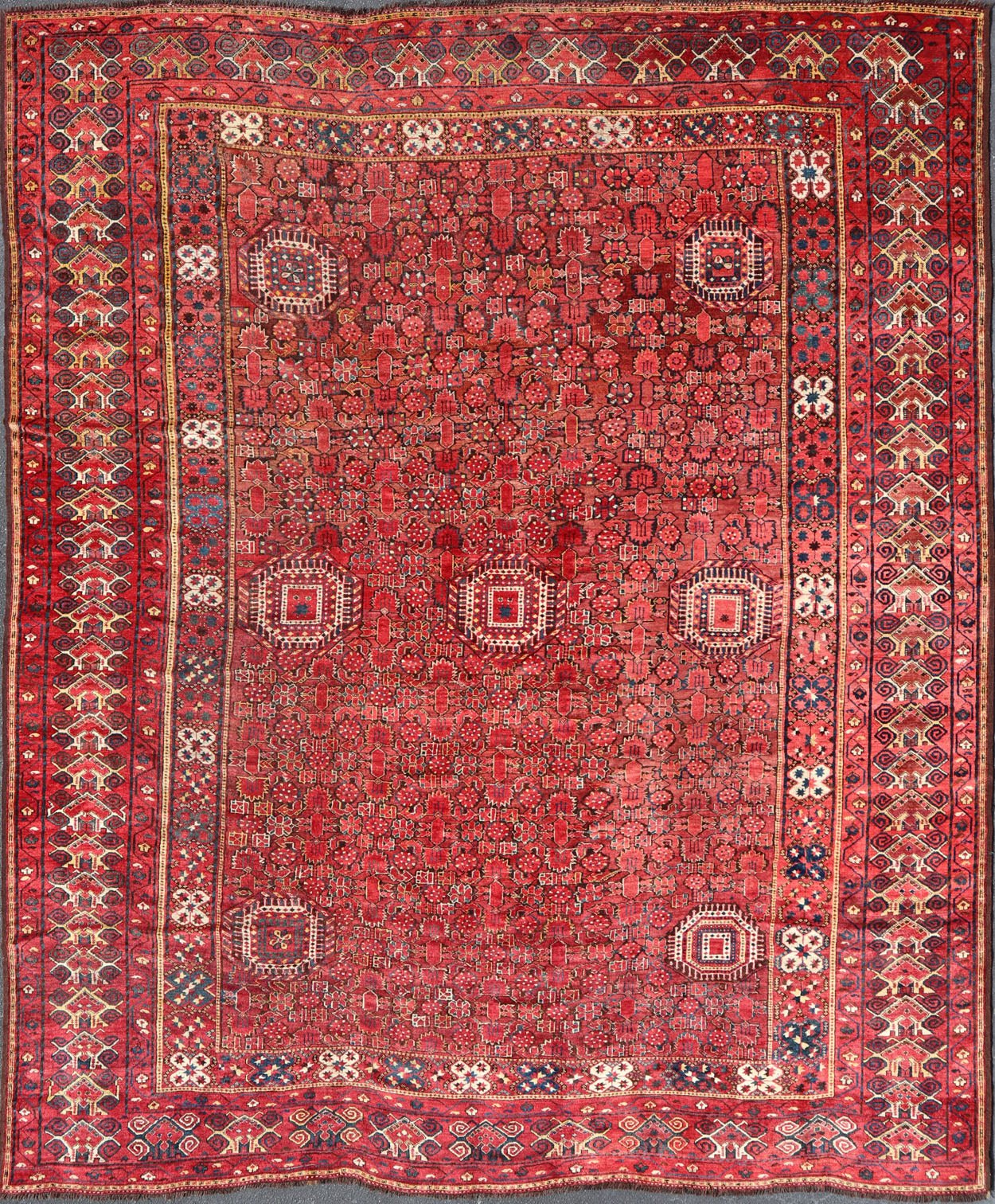 Unusually Large and Square Shaped Antique Bashir/Beshir Rug from late 19th Century in Red, Brown, Charcoal and Ivory. Turkmenistan rug V21 - 0403. Bashir rugs were woven by Ersai Tribes. Ersari Tribe rugs made rugs from Uzbekistan to Turkmenistan and ... - Keivan Woven ArtsV21 - 0403 - 15572
