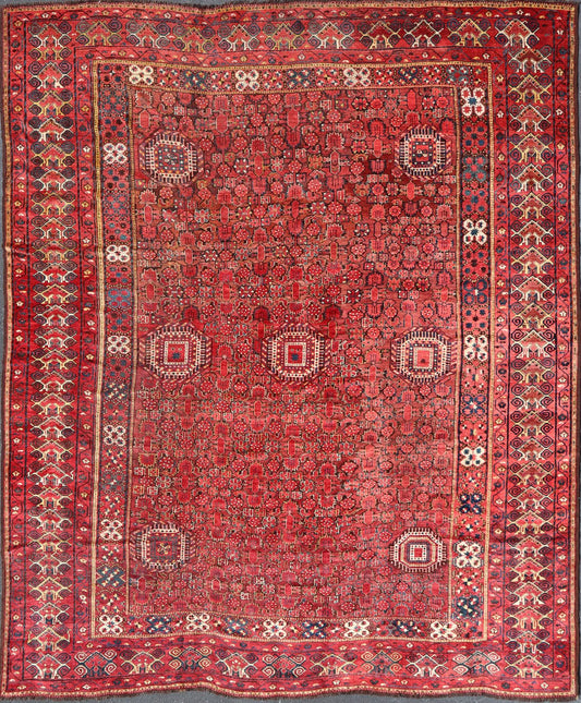 Unusually Large and Square Shaped Antique Bashir/Beshir Rug from late 19th Century in Red, Brown, Charcoal and Ivory. Turkmenistan rug V21 - 0403. Bashir rugs were woven by Ersai Tribes. Ersari Tribe rugs made rugs from Uzbekistan to Turkmenistan and ... - Keivan Woven ArtsV21 - 0403 - 15572