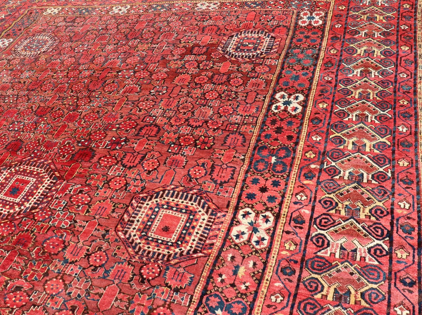Unusually Large and Square Shaped Antique Bashir/Beshir Rug from late 19th Century in Red, Brown, Charcoal and Ivory. Turkmenistan rug V21 - 0403. Bashir rugs were woven by Ersai Tribes. Ersari Tribe rugs made rugs from Uzbekistan to Turkmenistan and ... - Keivan Woven ArtsV21 - 0403 - 15572