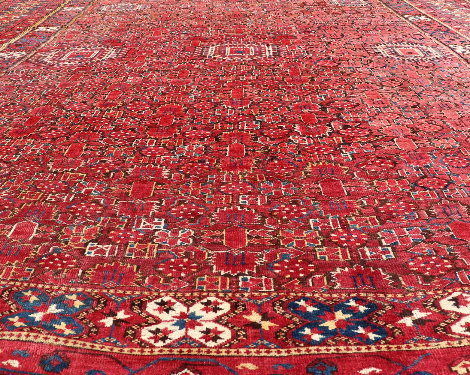 Unusually Large and Square Shaped Antique Bashir/Beshir Rug from late 19th Century in Red, Brown, Charcoal and Ivory. Turkmenistan rug V21 - 0403. Bashir rugs were woven by Ersai Tribes. Ersari Tribe rugs made rugs from Uzbekistan to Turkmenistan and ... - Keivan Woven ArtsV21 - 0403 - 15572