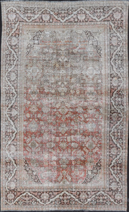 Distressed Antique Hand - Knotted Sultanabad Rug in Wool with Floral Design This antique Persian Sultanabad rug an all - over sub - geometric floral design rendered in orange and earthy tones, set upon an orange background. A complementary, multi - tie... - Keivan Woven ArtsV21 - 0501 - 15719