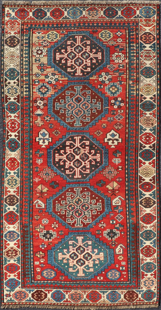 Antique Hand Knotted Caucasian Kazak Rug in Brilliant Red with Geometric Design Tribal geometric medallion design Kazak antique rug, antique Caucasian from Caucasus Region with a beautiful red background in multi - colors, Keivan Woven Arts rug V2... - Keivan Woven ArtsV21 - 0502 - 16394