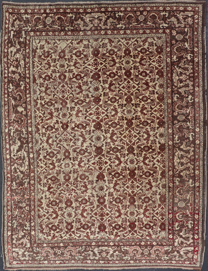 Antique Turkish Sivas Rug with Tan Background and Maroon, Eggplant, Brown Color. Stylized antique Turkish Sivas rug with Ivory background and maroon, Eggplant, Brown Colors rug V21 - 0601, country of origin / type: Turkey / Sivas, circa 1920 S... - Keivan Woven ArtsV21 - 0601 - 16498Rug