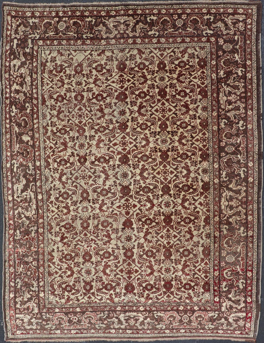Antique Turkish Sivas Rug with Tan Background and Maroon, Eggplant, Brown Color. Stylized antique Turkish Sivas rug with Ivory background and maroon, Eggplant, Brown Colors rug V21 - 0601, country of origin / type: Turkey / Sivas, circa 1920 S... - Keivan Woven ArtsV21 - 0601 - 16498