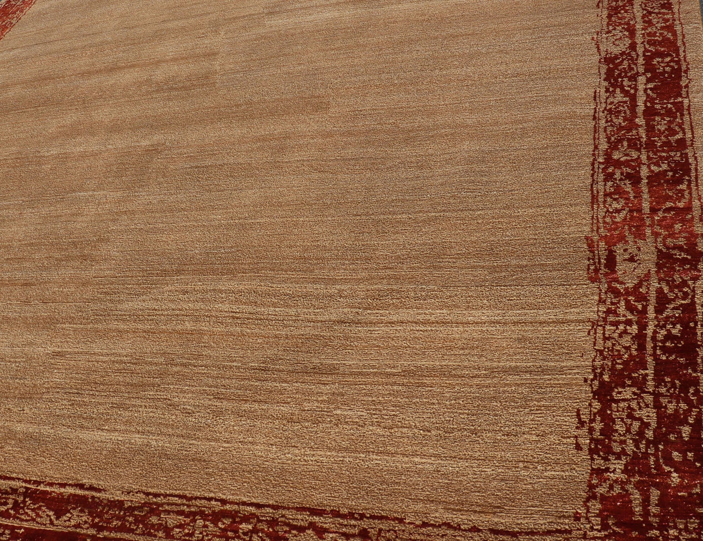 Modern Piled Rug with Minimalist Modern Design in Red, Light Brown & Tan Modern piled rug in a red border and light brown/ tan background color and variation of red accent/ border colors, Keivan Woven Arts / rug V21 - 0802, country of origin / typ... - Keivan Woven ArtsV21 - 0802 - 16913Rug