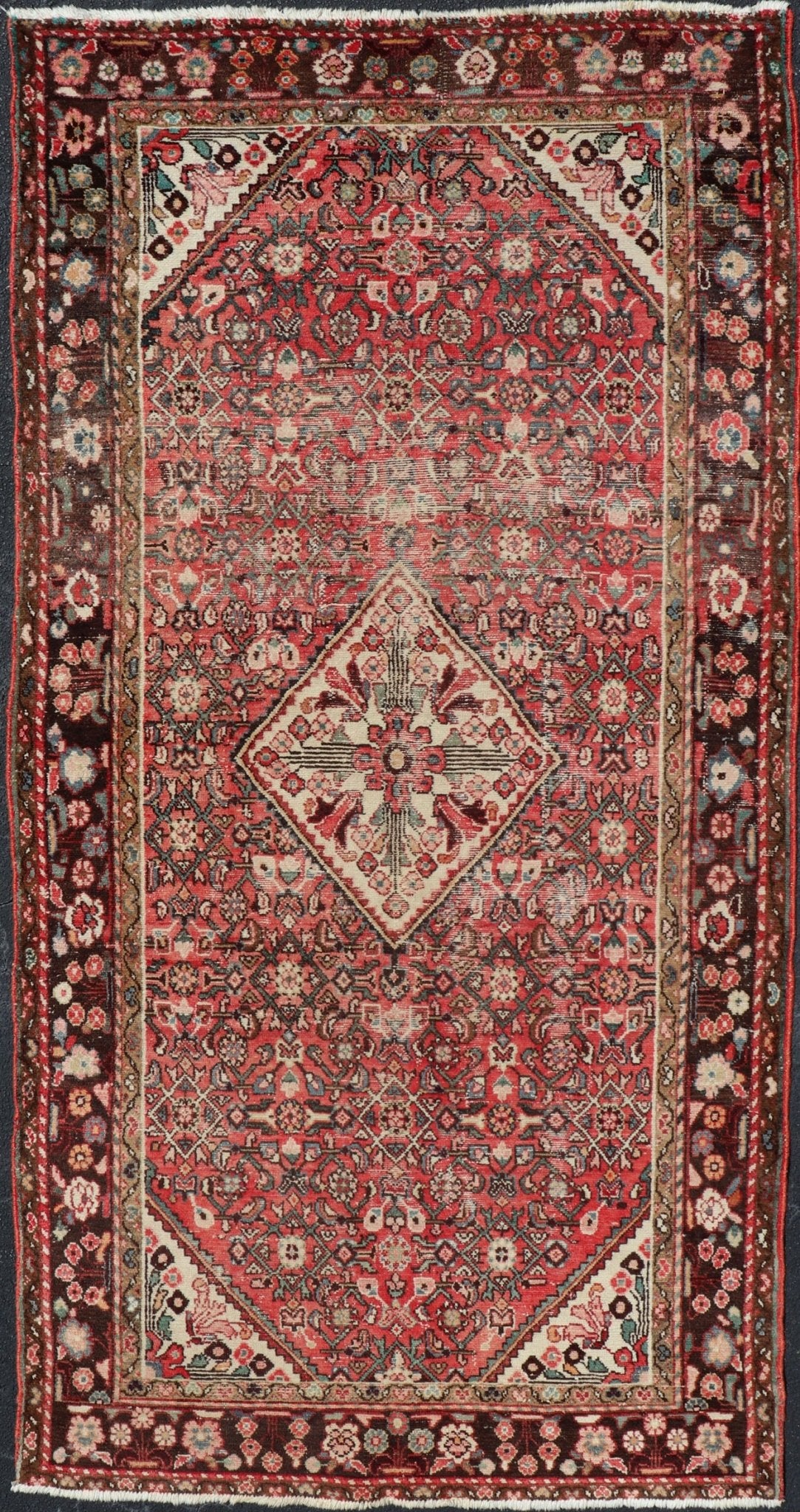 Semi Antique Persian Distressed Hamadan Gallery Rug with Medallion Design Persian Gallery semi antique Hamadan rug with medallion design in Soft red, brown, green and ivory. Rug V21 - 0805, country of origin / type: Iran / Hamadan , circa mi... - Keivan Woven ArtsV21 - 0805 - 16979Rug