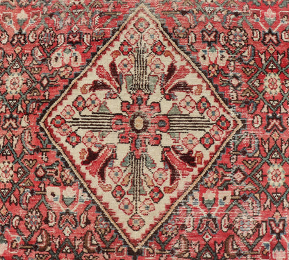 Semi Antique Persian Distressed Hamadan Gallery Rug with Medallion Design Persian Gallery semi antique Hamadan rug with medallion design in Soft red, brown, green and ivory. Rug V21 - 0805, country of origin / type: Iran / Hamadan , circa mi... - Keivan Woven ArtsV21 - 0805 - 16979