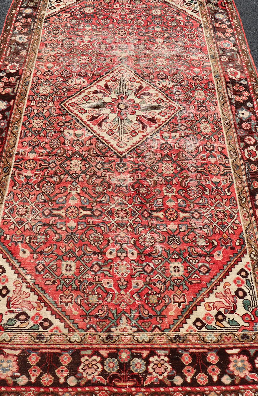 Semi Antique Persian Distressed Hamadan Gallery Rug with Medallion Design Persian Gallery semi antique Hamadan rug with medallion design in Soft red, brown, green and ivory. Rug V21 - 0805, country of origin / type: Iran / Hamadan , circa mi... - Keivan Woven ArtsV21 - 0805 - 16979