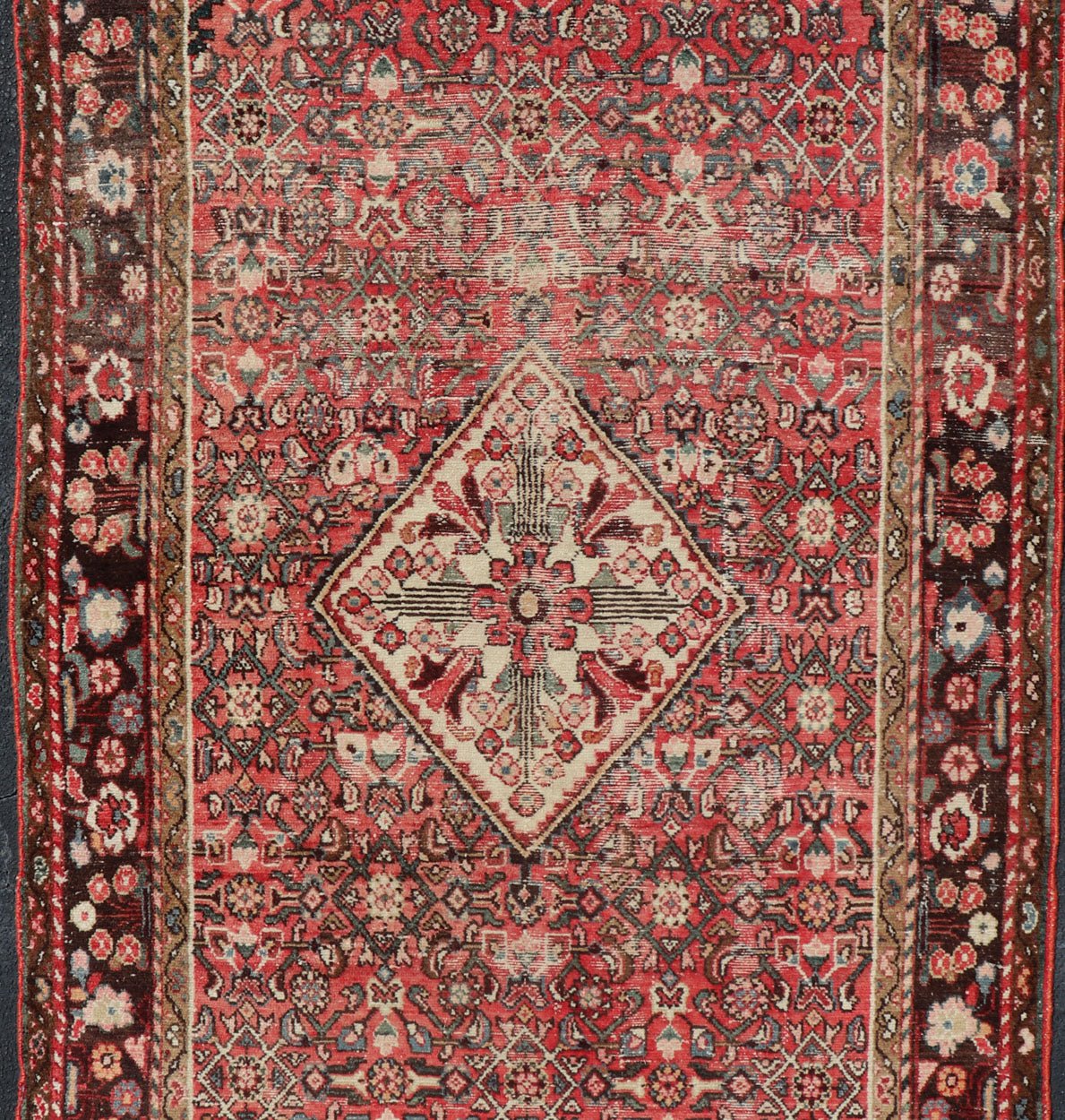 Semi Antique Persian Distressed Hamadan Gallery Rug with Medallion Design Persian Gallery semi antique Hamadan rug with medallion design in Soft red, brown, green and ivory. Rug V21 - 0805, country of origin / type: Iran / Hamadan , circa mi... - Keivan Woven ArtsV21 - 0805 - 16979Rug