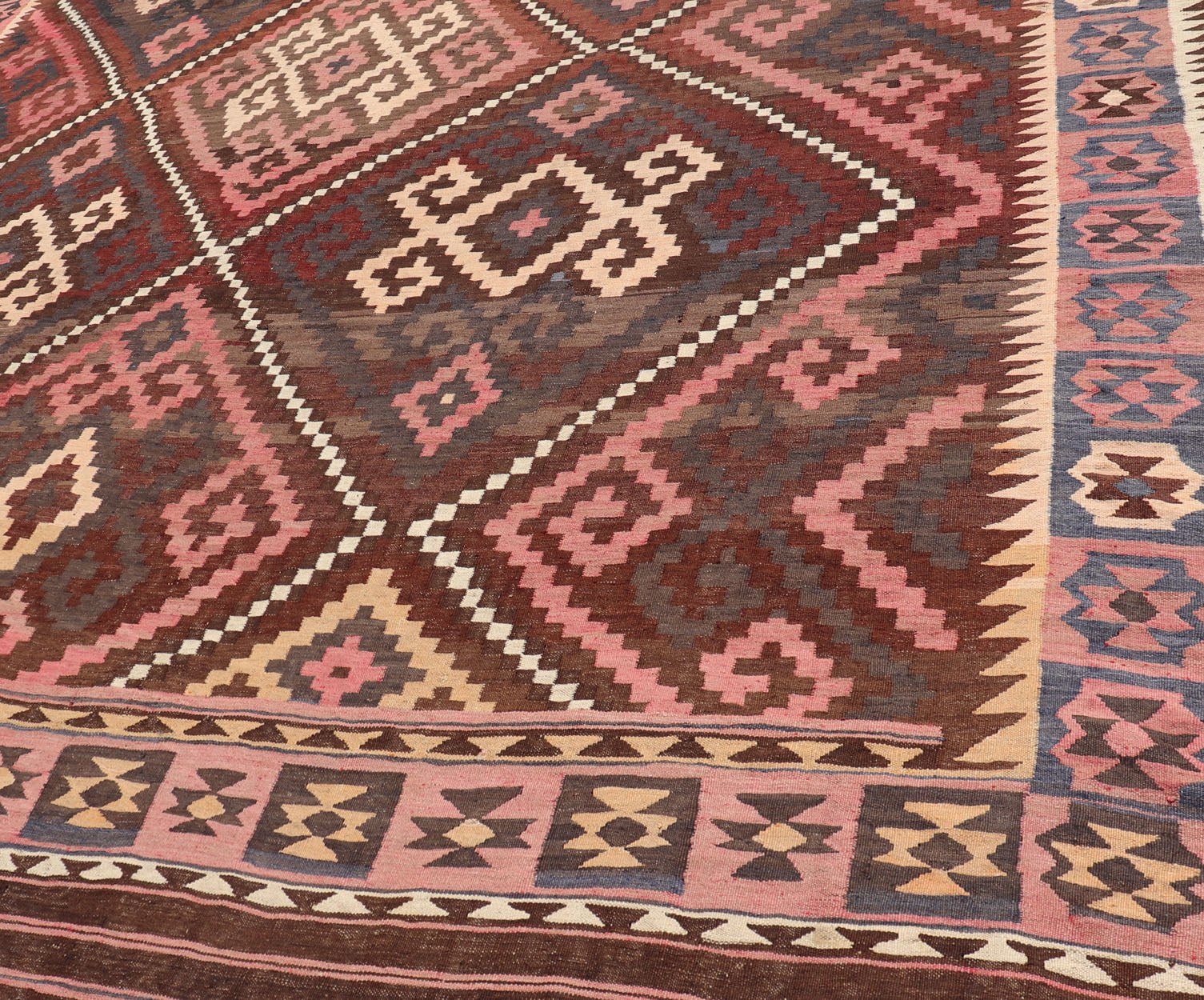 All - Over Hand Woven Geometric Kilim Diamond Design in Brown, Pink, and Ivory All - Over Design Hand Woven Kilim Geometric Diamond Design in Brown, Pink, and Tan All - Over Geometric Diamond Design Kilim rug with all - over geometric diamond des... - Keivan Woven ArtsV21 - 0806 - 16985Rug