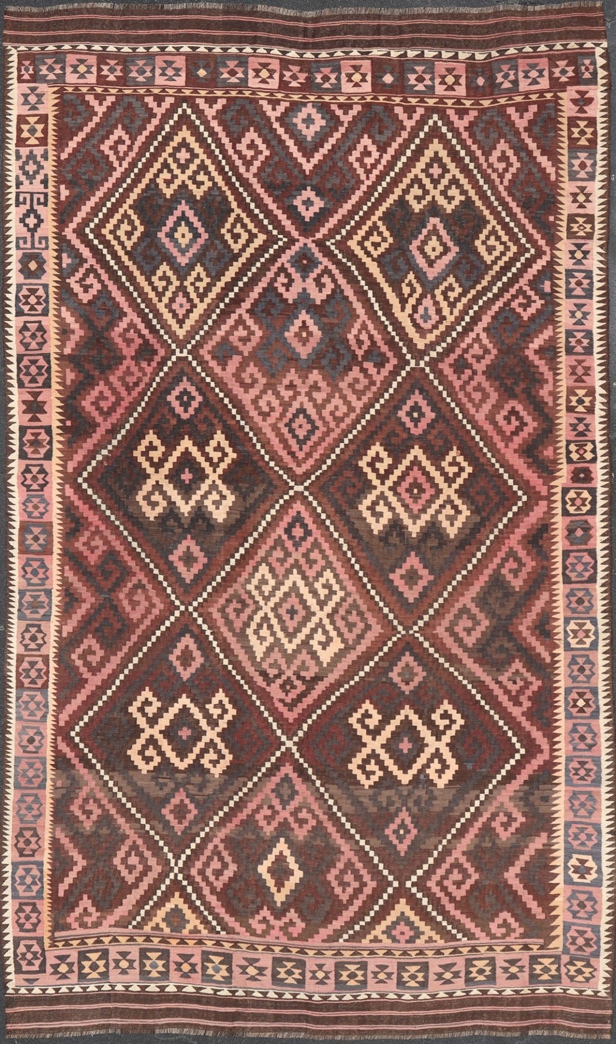 All - Over Hand Woven Geometric Kilim Diamond Design in Brown, Pink, and Ivory All - Over Design Hand Woven Kilim Geometric Diamond Design in Brown, Pink, and Tan All - Over Geometric Diamond Design Kilim rug with all - over geometric diamond des... - Keivan Woven ArtsV21 - 0806 - 16985Rug