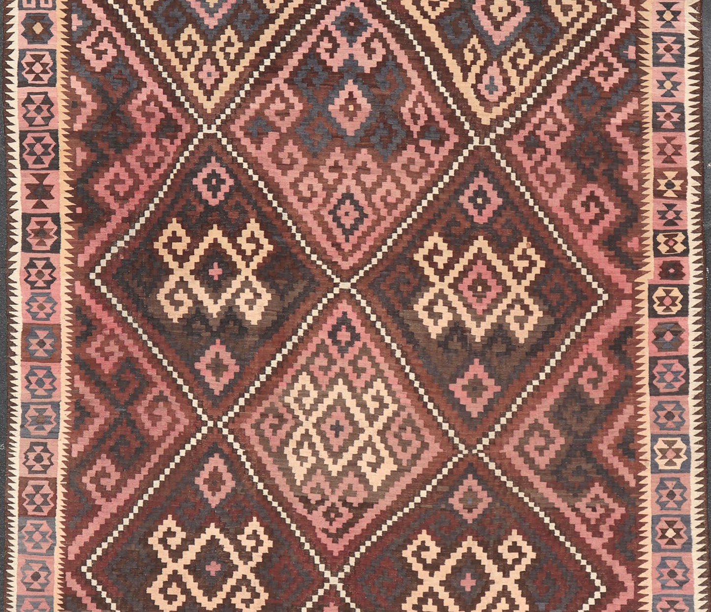 All - Over Hand Woven Geometric Kilim Diamond Design in Brown, Pink, and Ivory All - Over Design Hand Woven Kilim Geometric Diamond Design in Brown, Pink, and Tan All - Over Geometric Diamond Design Kilim rug with all - over geometric diamond des... - Keivan Woven ArtsV21 - 0806 - 16985