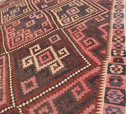 All - Over Hand Woven Geometric Kilim Diamond Design in Brown, Pink, and Ivory All - Over Design Hand Woven Kilim Geometric Diamond Design in Brown, Pink, and Tan All - Over Geometric Diamond Design Kilim rug with all - over geometric diamond des... - Keivan Woven ArtsV21 - 0806 - 16985