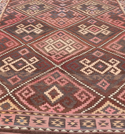 All - Over Hand Woven Geometric Kilim Diamond Design in Brown, Pink, and Ivory All - Over Design Hand Woven Kilim Geometric Diamond Design in Brown, Pink, and Tan All - Over Geometric Diamond Design Kilim rug with all - over geometric diamond des... - Keivan Woven ArtsV21 - 0806 - 16985