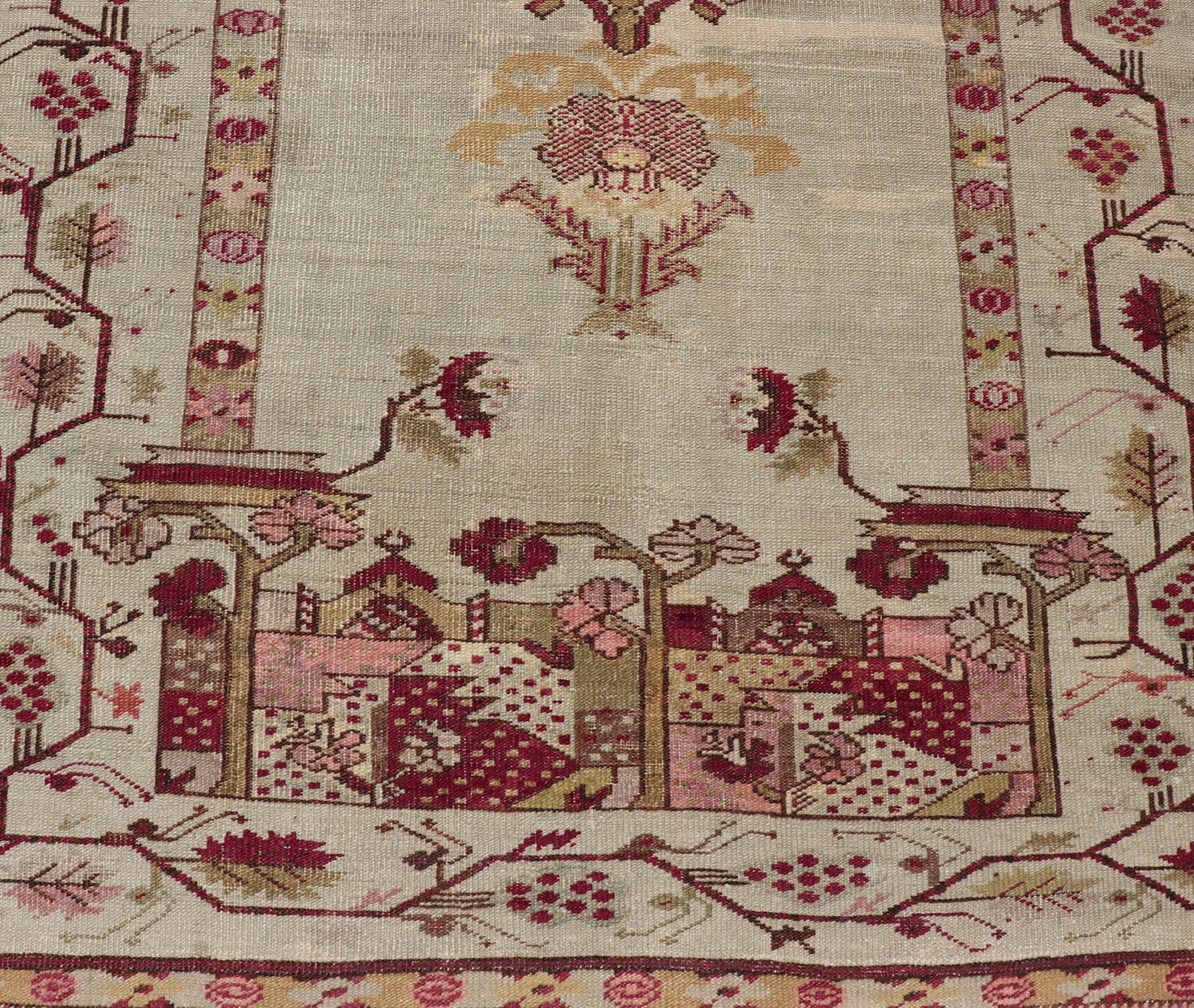 mid 19th century antique Konya with Unique Mihrab Columns, Chandelier & Vase Design Measures: 4'0 x 6'10 Antique Turkish Konya rug in ivory background and various tones and unique Color combination in Columns, Chandelier & Vase Design ... - Keivan Woven ArtsV21 - 0808 - 16991