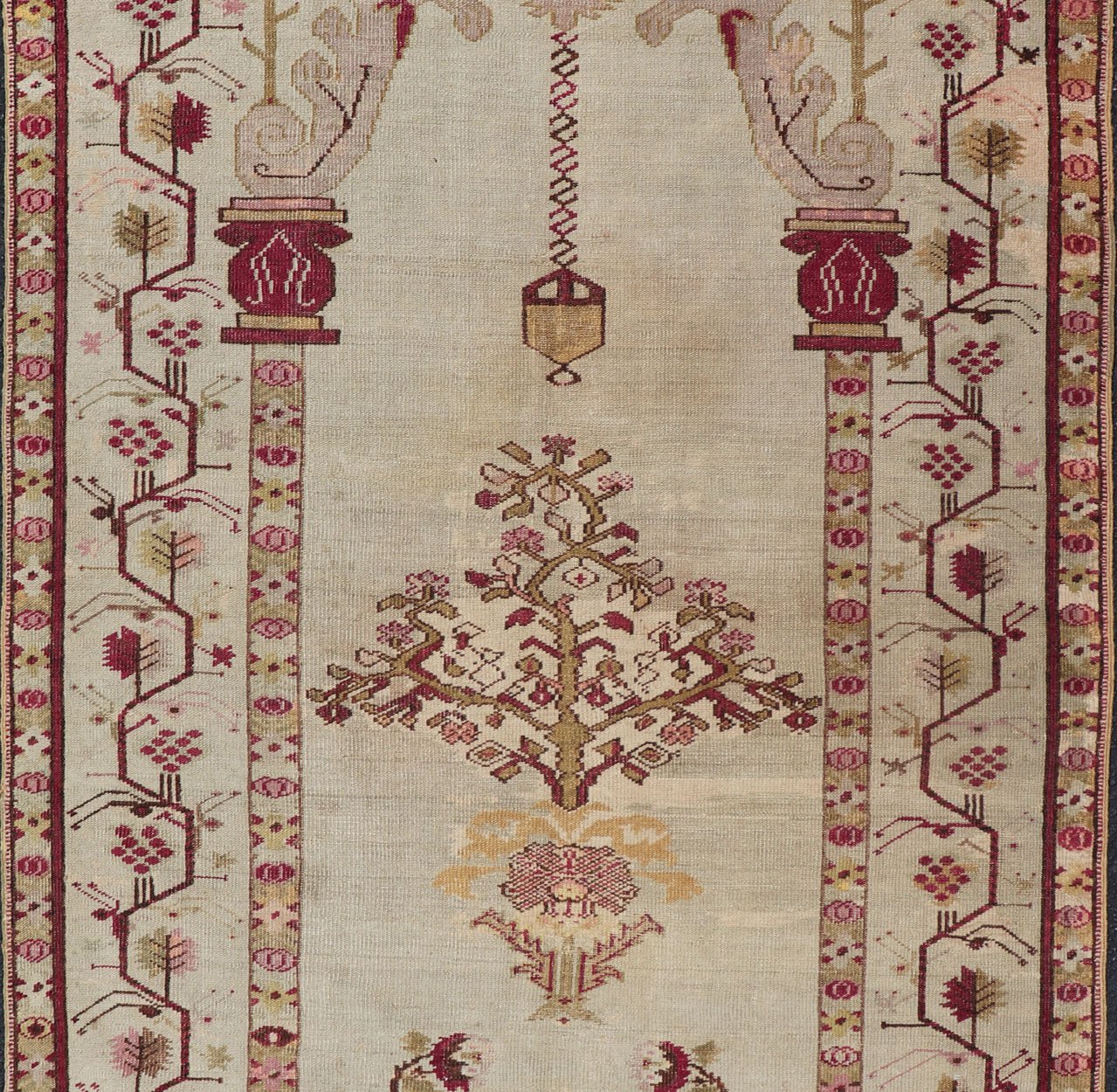 mid 19th century antique Konya with Unique Mihrab Columns, Chandelier & Vase Design Measures: 4'0 x 6'10 Antique Turkish Konya rug in ivory background and various tones and unique Color combination in Columns, Chandelier & Vase Design ... - Keivan Woven ArtsV21 - 0808 - 16991
