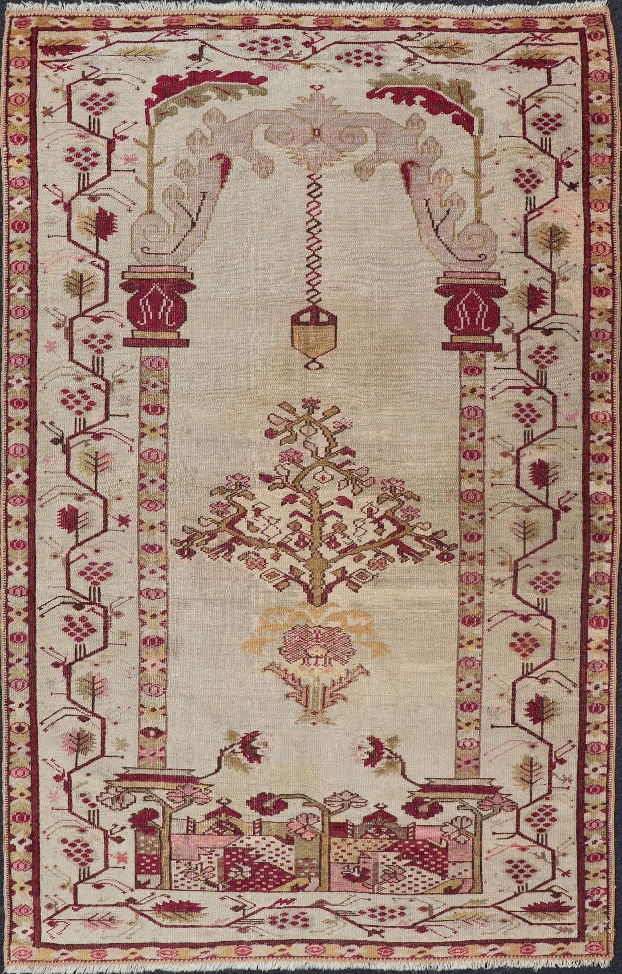 mid 19th century antique Konya with Unique Mihrab Columns, Chandelier & Vase Design Measures: 4'0 x 6'10 Antique Turkish Konya rug in ivory background and various tones and unique Color combination in Columns, Chandelier & Vase Design ... - Keivan Woven ArtsV21 - 0808 - 16991