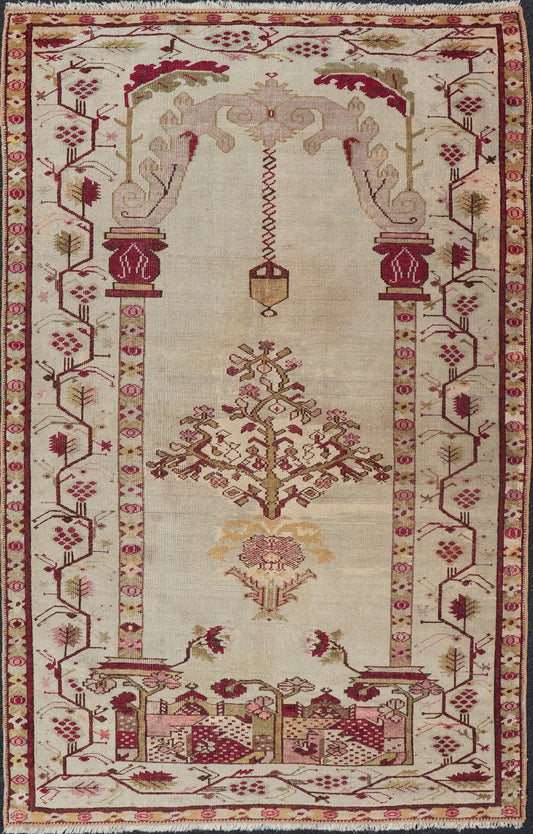 mid 19th century antique Konya with Unique Mihrab Columns, Chandelier & Vase Design Measures: 4'0 x 6'10 Antique Turkish Konya rug in ivory background and various tones and unique Color combination in Columns, Chandelier & Vase Design ... - Keivan Woven ArtsV21 - 0808 - 16991