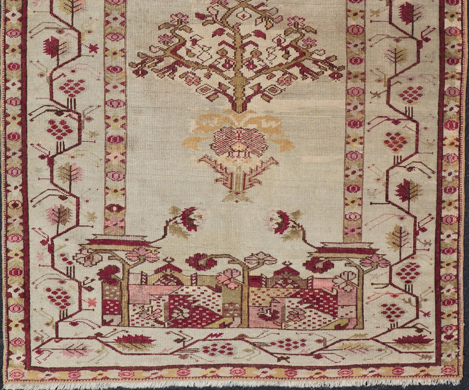 mid 19th century antique Konya with Unique Mihrab Columns, Chandelier & Vase Design Measures: 4'0 x 6'10 Antique Turkish Konya rug in ivory background and various tones and unique Color combination in Columns, Chandelier & Vase Design ... - Keivan Woven ArtsV21 - 0808 - 16991