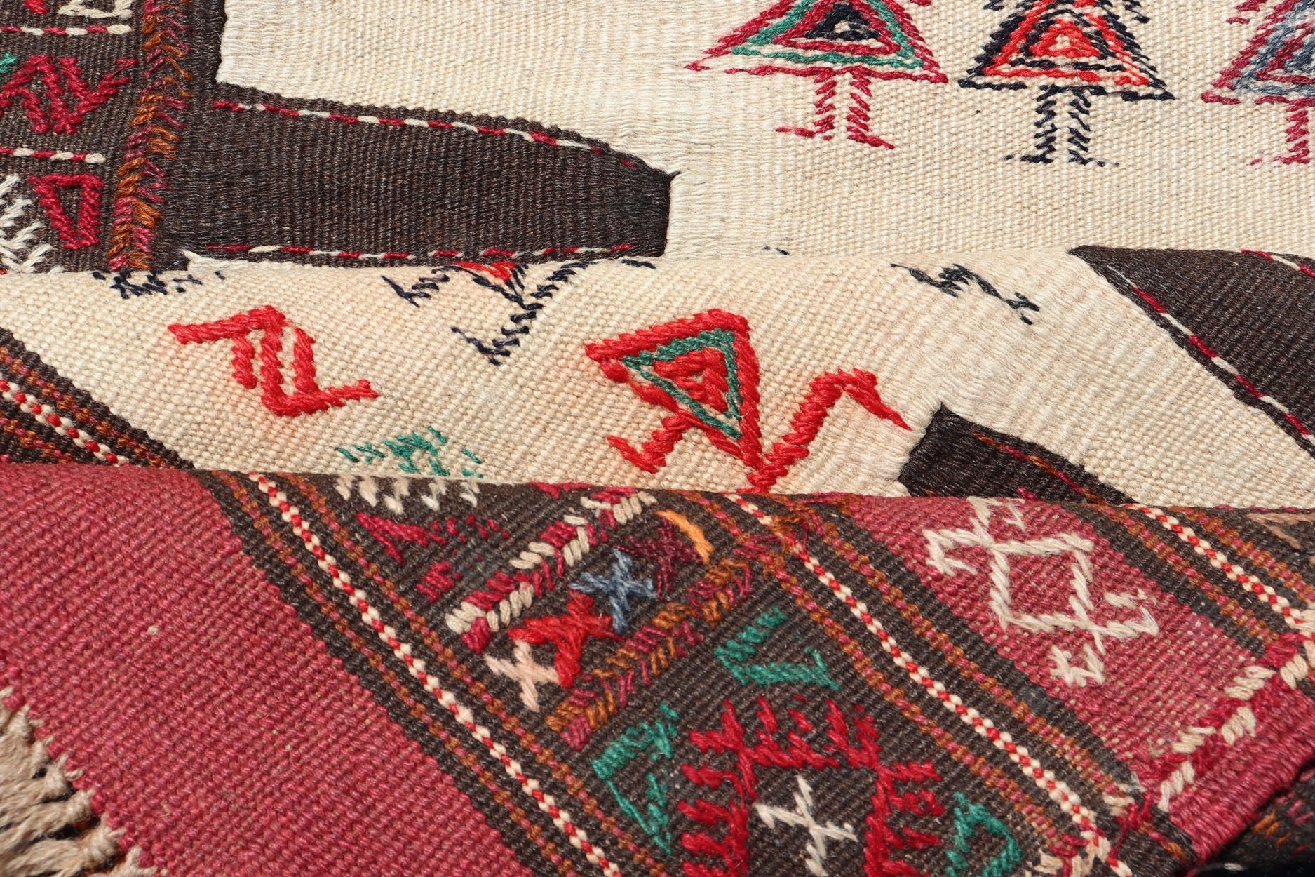 Vintage Tribal Baluch Rug With Pile and Kilim in Ivory Background Vintage Baluch Tribal rug in Shades of brown, tan, cream and red, This rug has a pair which is also listed on this website,V21 - 0810 Rug V21 - 0809, country of origin / type: Ir... - Keivan Woven ArtsV21 - 0809 - 16997Rug