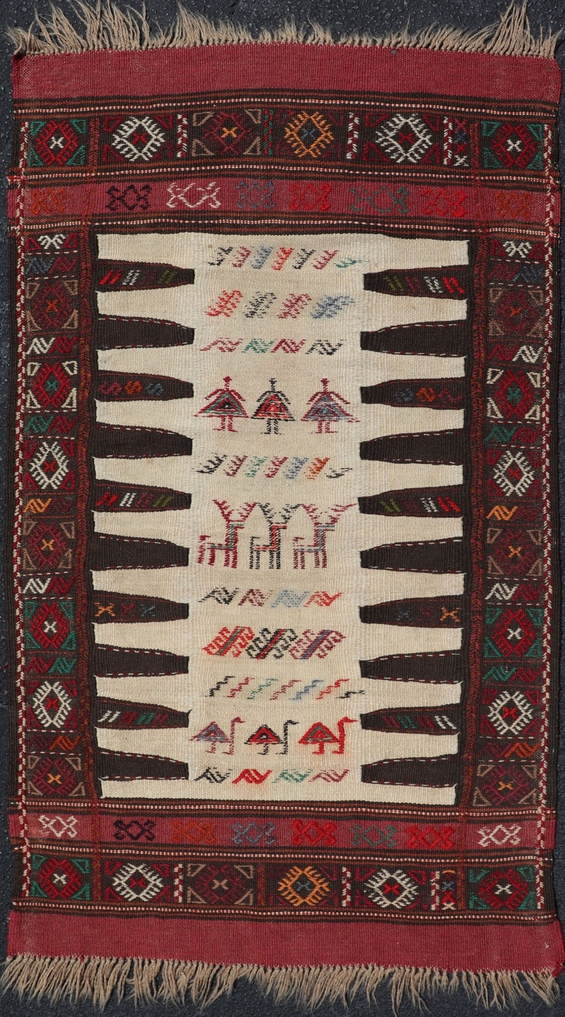Vintage Tribal Baluch Rug With Pile and Kilim in Ivory Background Vintage Baluch Tribal rug in Shades of brown, tan, cream and red, This rug has a pair which is also listed on this website,V21 - 0810 Rug V21 - 0809, country of origin / type: Ir... - Keivan Woven ArtsV21 - 0809 - 16997Rug