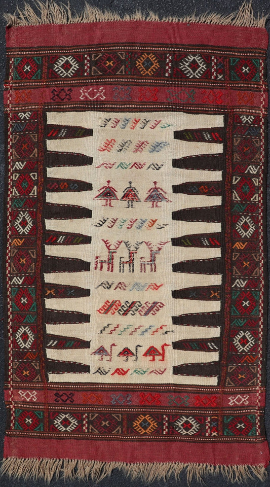 Vintage Tribal Baluch Rug With Pile and Kilim in Ivory Background Vintage Baluch Tribal rug in Shades of brown, tan, cream and red, This rug has a pair which is also listed on this website,V21 - 0810 Rug V21 - 0809, country of origin / type: Ir... - Keivan Woven ArtsV21 - 0809 - 16997Rug