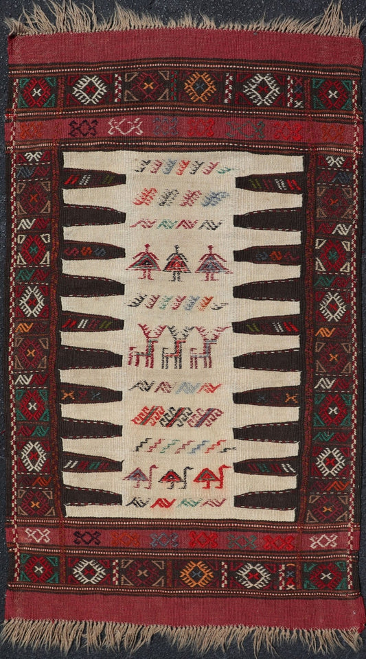 Vintage Tribal Baluch Rug With Pile and Kilim in Ivory Background Vintage Baluch Tribal rug in Shades of brown, tan, cream and red, This rug has a pair which is also listed on this website,V21 - 0810 Rug V21 - 0809, country of origin / type: Ir... - Keivan Woven ArtsV21 - 0809 - 16997