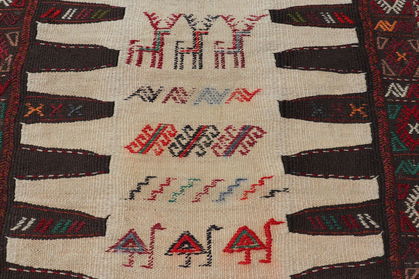 Vintage Tribal Baluch Rug With Pile and Kilim in Ivory Background Vintage Baluch Tribal rug in Shades of brown, tan, cream and red, This rug has a pair which is also listed on this website,V21 - 0810 Rug V21 - 0809, country of origin / type: Ir... - Keivan Woven ArtsV21 - 0809 - 16997Rug