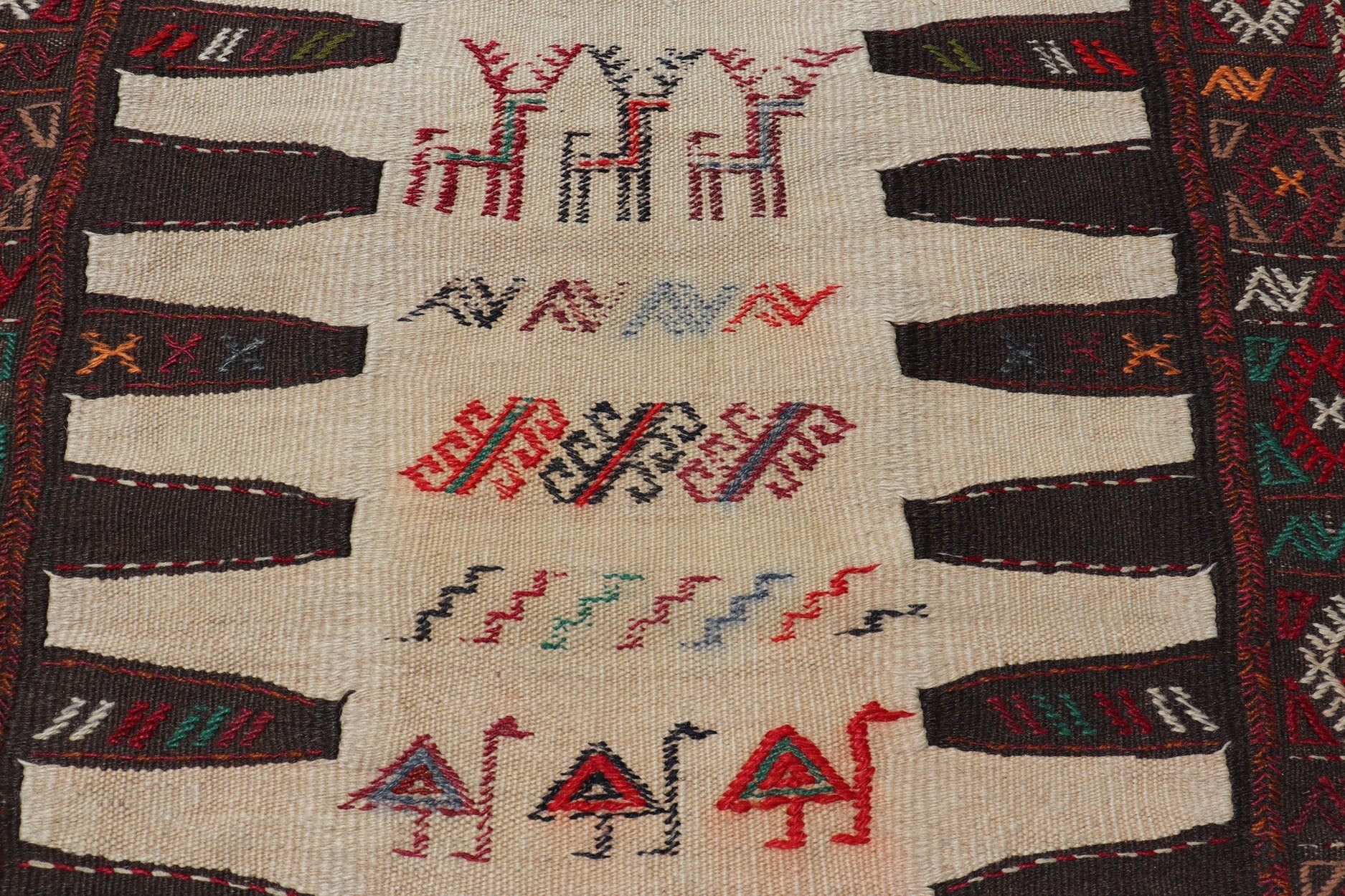 Vintage Tribal Baluch Rug With Pile and Kilim in Ivory Background Vintage Baluch Tribal rug in Shades of brown, tan, cream and red, This rug has a pair which is also listed on this website,V21 - 0810 Rug V21 - 0809, country of origin / type: Ir... - Keivan Woven ArtsV21 - 0809 - 16997Rug