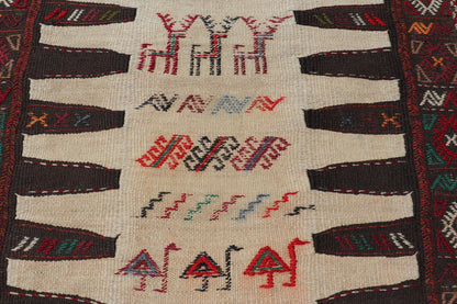 Vintage Tribal Baluch Rug With Pile and Kilim in Ivory Background Vintage Baluch Tribal rug in Shades of brown, tan, cream and red, This rug has a pair which is also listed on this website,V21 - 0810 Rug V21 - 0809, country of origin / type: Ir... - Keivan Woven ArtsV21 - 0809 - 16997Rug
