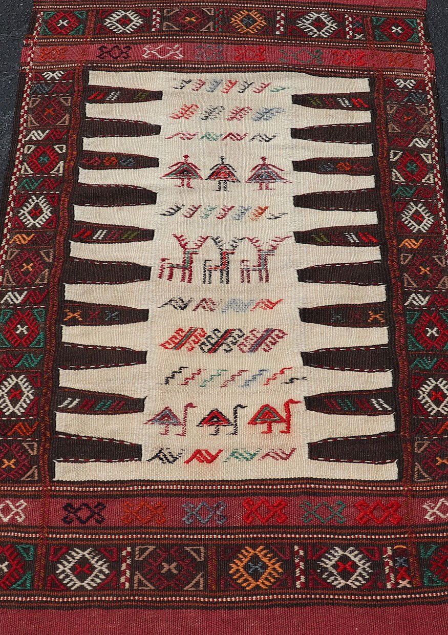 Vintage Tribal Baluch Rug With Pile and Kilim in Ivory Background Vintage Baluch Tribal rug in Shades of brown, tan, cream and red, This rug has a pair which is also listed on this website,V21 - 0810 Rug V21 - 0809, country of origin / type: Ir... - Keivan Woven ArtsV21 - 0809 - 16997Rug