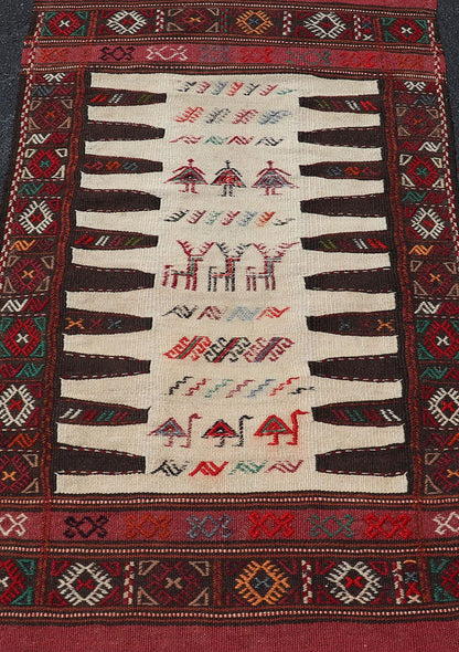 Vintage Tribal Baluch Rug With Pile and Kilim in Ivory Background Vintage Baluch Tribal rug in Shades of brown, tan, cream and red, This rug has a pair which is also listed on this website,V21 - 0810 Rug V21 - 0809, country of origin / type: Ir... - Keivan Woven ArtsV21 - 0809 - 16997Rug