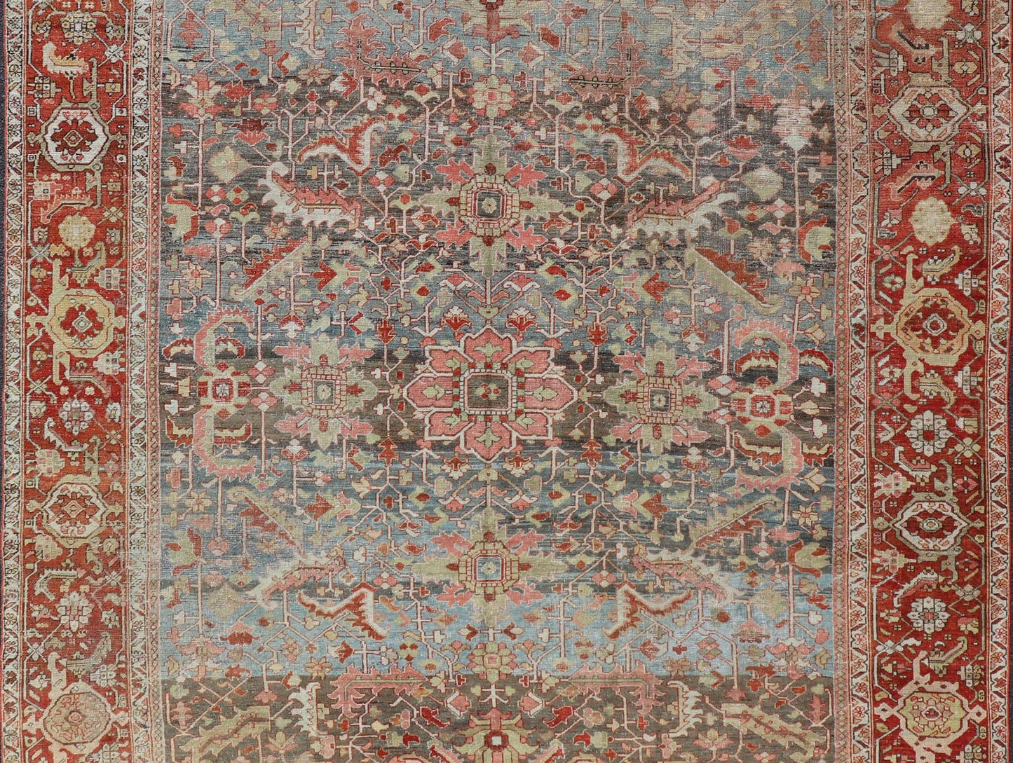 Persian Antique Serapi Rug with All - Over Geometric Design in Gray - Blue and Red. Keivan Woven Arts / Rug / V21 - 0812 - 15487, country of origin / type: Iran /Serapi, circa 1900. Measures: 9'9 x 11'10 This lovely Antique Serapi rug, hailing from nor... - Keivan Woven ArtsV21 - 0812 - 15487 - 17092