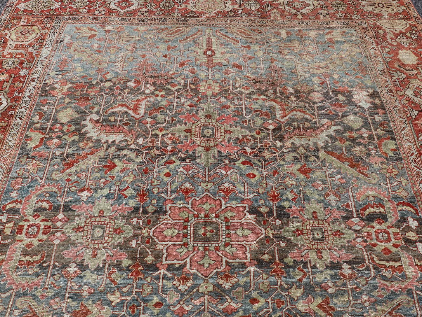 Persian Antique Serapi Rug with All - Over Geometric Design in Gray - Blue and Red. Keivan Woven Arts / Rug / V21 - 0812 - 15487, country of origin / type: Iran /Serapi, circa 1900. Measures: 9'9 x 11'10 This lovely Antique Serapi rug, hailing from nor... - Keivan Woven ArtsV21 - 0812 - 15487 - 17092