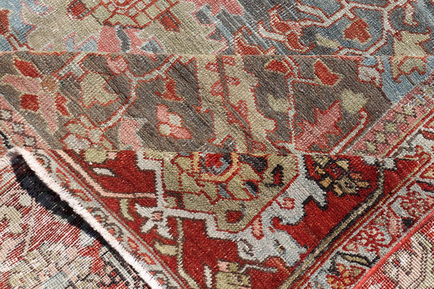Persian Antique Serapi Rug with All - Over Geometric Design in Gray - Blue and Red. Keivan Woven Arts / Rug / V21 - 0812 - 15487, country of origin / type: Iran /Serapi, circa 1900. Measures: 9'9 x 11'10 This lovely Antique Serapi rug, hailing from nor... - Keivan Woven ArtsV21 - 0812 - 15487 - 17092Rug