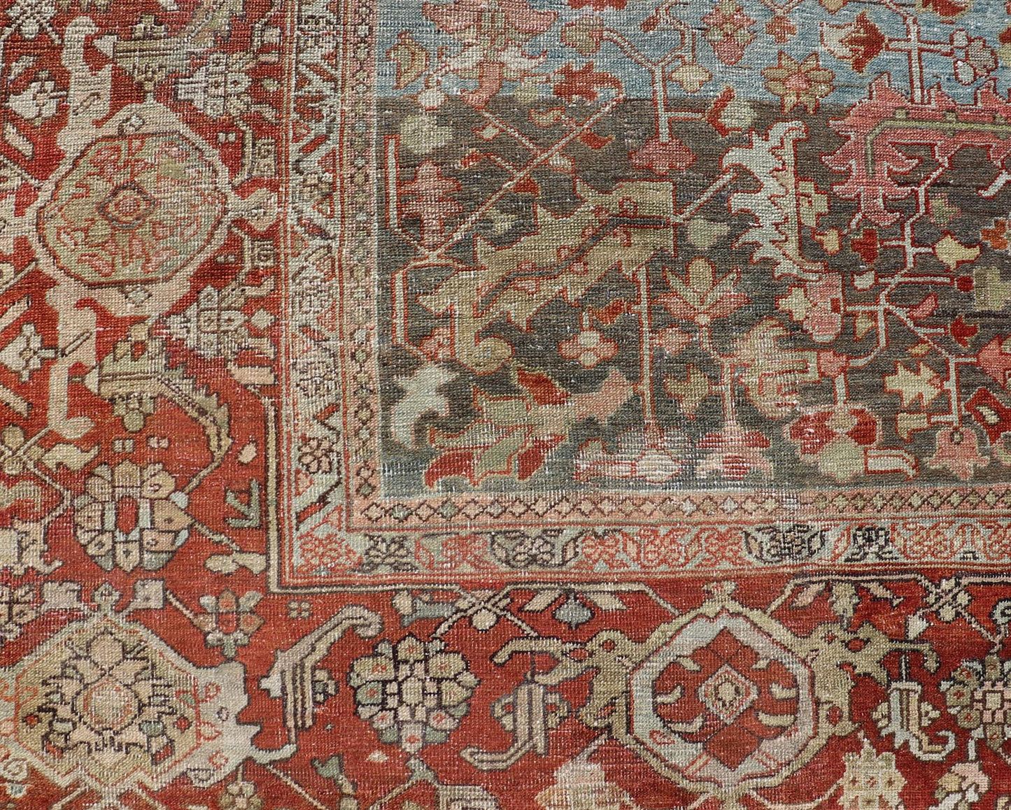 Persian Antique Serapi Rug with All - Over Geometric Design in Gray - Blue and Red. Keivan Woven Arts / Rug / V21 - 0812 - 15487, country of origin / type: Iran /Serapi, circa 1900. Measures: 9'9 x 11'10 This lovely Antique Serapi rug, hailing from nor... - Keivan Woven ArtsV21 - 0812 - 15487 - 17092Rug