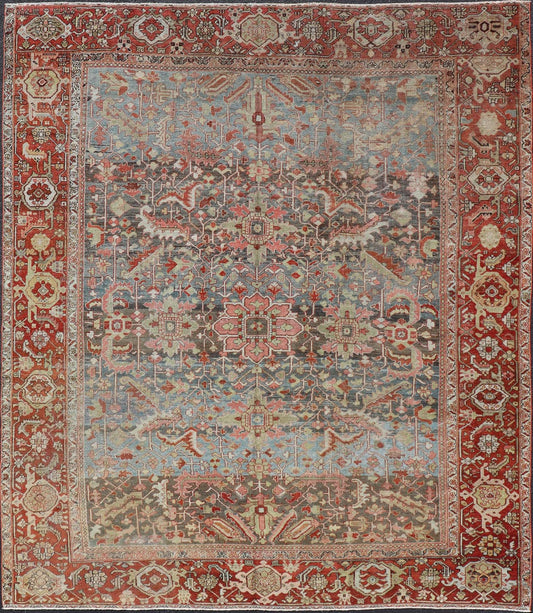 Persian Antique Serapi Rug with All - Over Geometric Design in Gray - Blue and Red. Keivan Woven Arts / Rug / V21 - 0812 - 15487, country of origin / type: Iran /Serapi, circa 1900. Measures: 9'9 x 11'10 This lovely Antique Serapi rug, hailing from nor... - Keivan Woven ArtsV21 - 0812 - 15487 - 17092