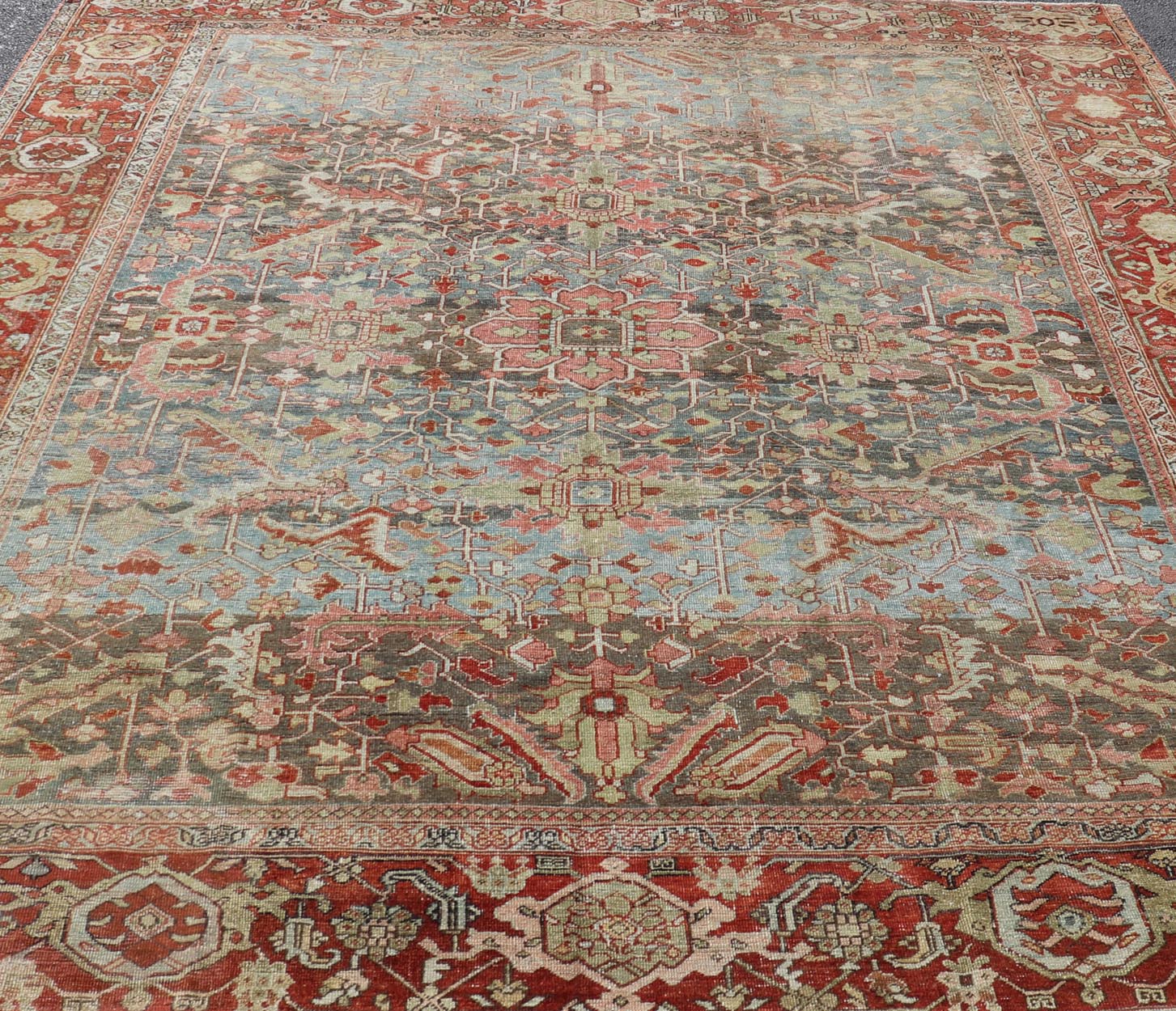 Persian Antique Serapi Rug with All - Over Geometric Design in Gray - Blue and Red. Keivan Woven Arts / Rug / V21 - 0812 - 15487, country of origin / type: Iran /Serapi, circa 1900. Measures: 9'9 x 11'10 This lovely Antique Serapi rug, hailing from nor... - Keivan Woven ArtsV21 - 0812 - 15487 - 17092Rug