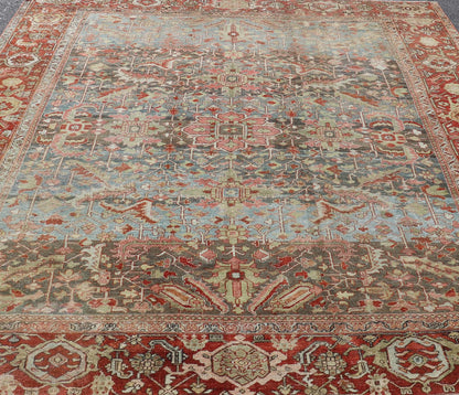 Persian Antique Serapi Rug with All - Over Geometric Design in Gray - Blue and Red. Keivan Woven Arts / Rug / V21 - 0812 - 15487, country of origin / type: Iran /Serapi, circa 1900. Measures: 9'9 x 11'10 This lovely Antique Serapi rug, hailing from nor... - Keivan Woven ArtsV21 - 0812 - 15487 - 17092Rug