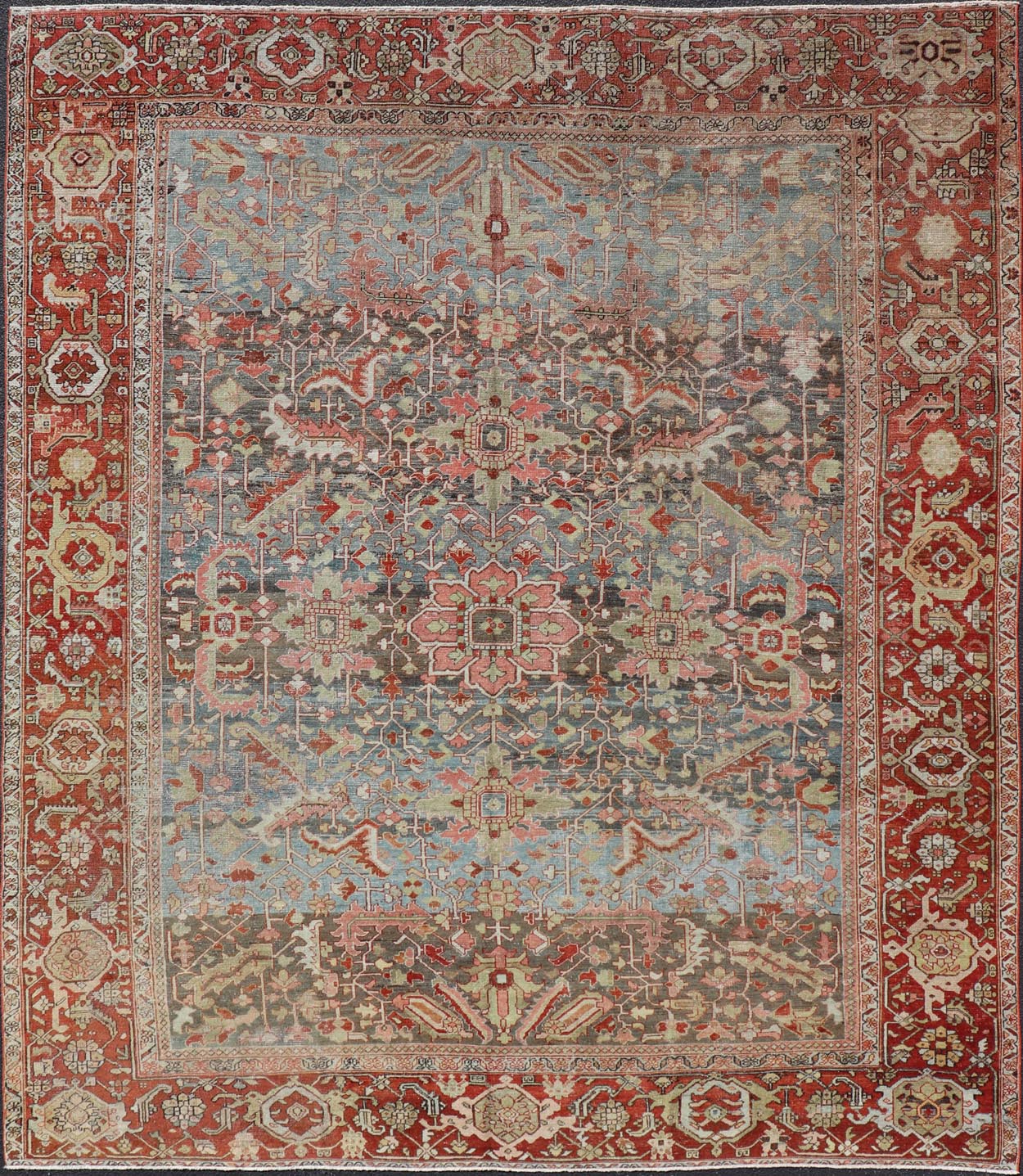 Persian Antique Serapi Rug with All - Over Geometric Design in Gray - Blue and Red. Keivan Woven Arts / Rug / V21 - 0812 - 15487, country of origin / type: Iran /Serapi, circa 1900. Measures: 9'9 x 11'10 This lovely Antique Serapi rug, hailing from nor... - Keivan Woven ArtsV21 - 0812 - 15487 - 17092Rug