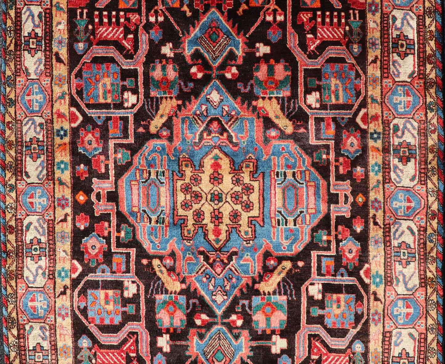 Antique Persian Nahavand Rug with All - Over Sub - Geometric Tribal Design Measures: 4'3 x 9'4. This absolutely stunning Antique Nahavand (circa 1920s) features a symmetrical sub - geometric design rendered in shades of reds, blues, greens, cre... - Keivan Woven ArtsV21 - 1103 - 18341