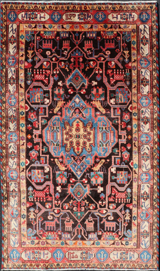 Antique Persian Nahavand Rug with All - Over Sub - Geometric Tribal Design Measures: 4'3 x 9'4. This absolutely stunning Antique Nahavand (circa 1920s) features a symmetrical sub - geometric design rendered in shades of reds, blues, greens, cre... - Keivan Woven ArtsV21 - 1103 - 18341