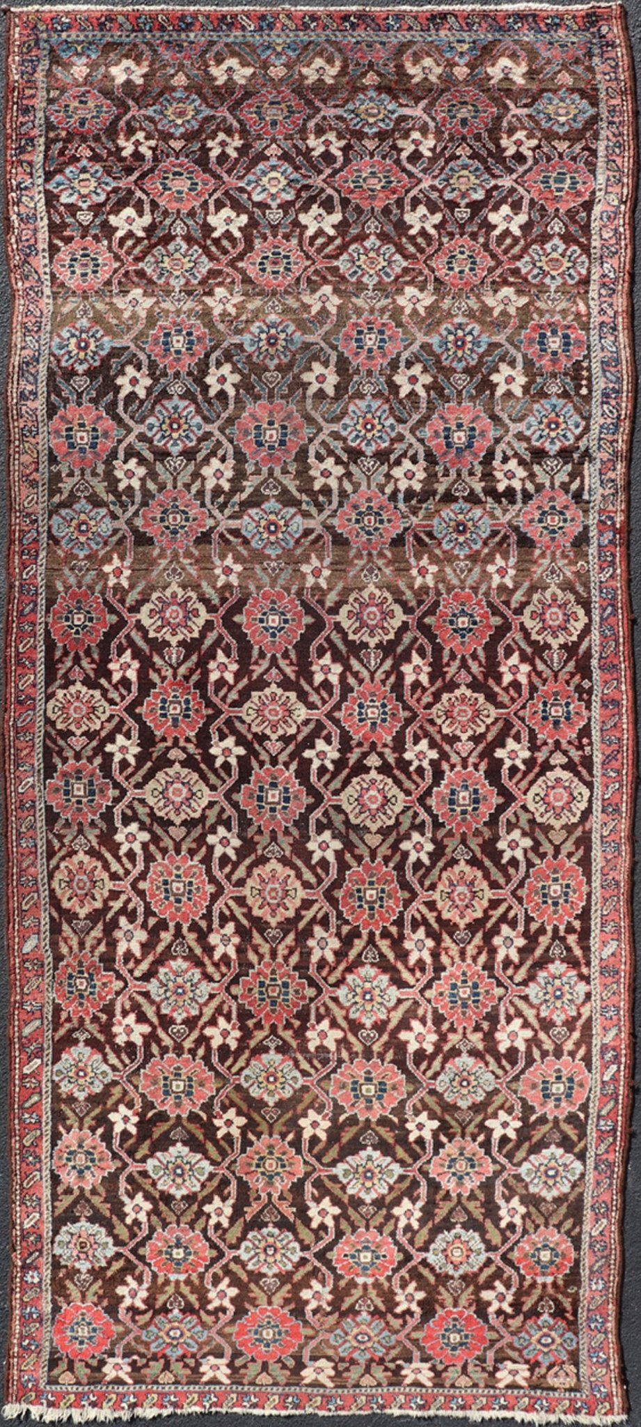 Antique Hamadan Gallery Rug in Wool with Sub - Geometric Design On Brown Field. Keivan Woven Arts; rug V21 - 1104, country of origin / type: Iran / Hamadan, circa 1910. Measures: 5'4 x 13'0 This antique Persian Hamadan rug has been hand - knotted in w... - Keivan Woven ArtsV21 - 1104 - 18419